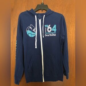 Sea World Blue Zip-Up Hoodie Jacket Pockets Logo 90’s Vibe Athletic Lightweight